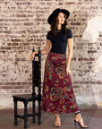 Wine Print Elastic Waist A Line Maxi Skirt