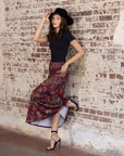 Wine Print Elastic Waist A Line Maxi Skirt
