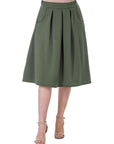 Elastic Waist Pleated Knee Length Pocket Skirt