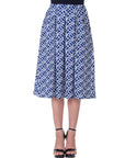 Navy Print Elastic Waist Pleated Knee Length Pocket Skirt