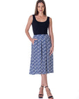 Navy Print Elastic Waist Pleated Knee Length Pocket Skirt