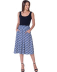 Navy Print Elastic Waist Pleated Knee Length Pocket Skirt