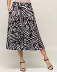 24seven Comfort Apparel Womens Black Geometric Print Elastic Waist Pocket Midi Skirt