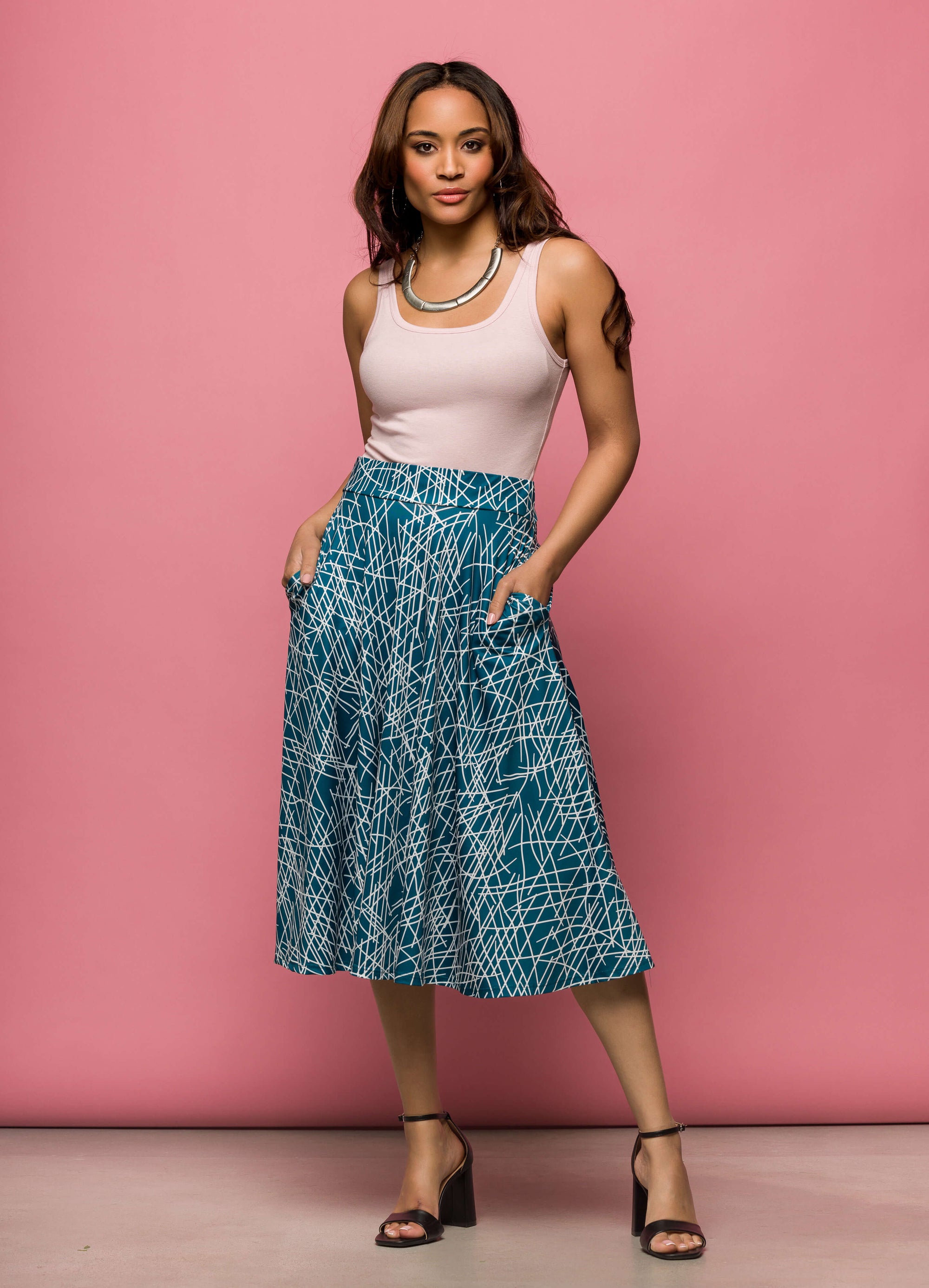 24seven Comfort Apparel Womens Teal Geometric Print Elastic Waist Pocket Midi Skirt