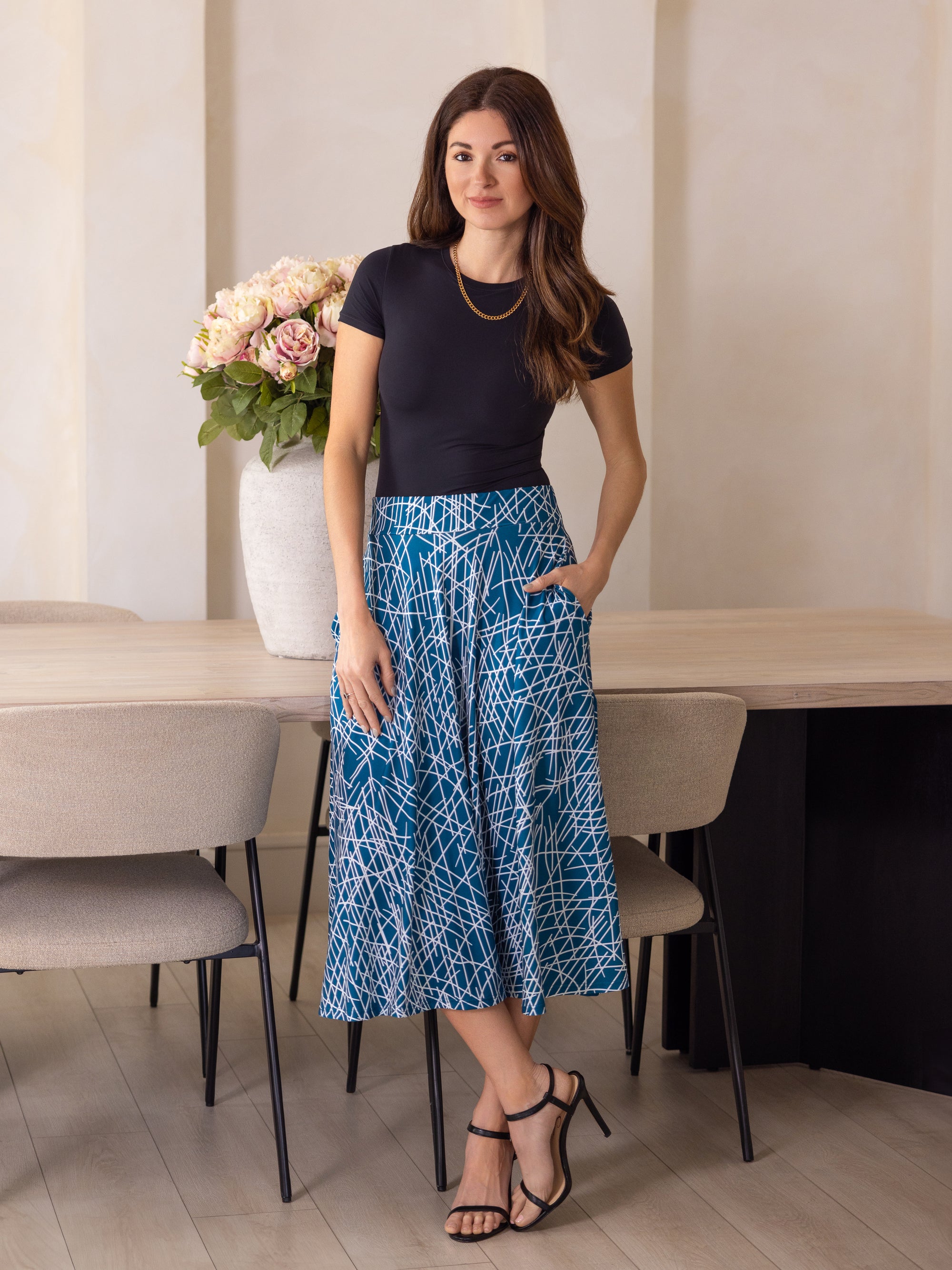 24seven Comfort Apparel Womens Teal Geometric Print Elastic Waist Pocket Midi Skirt