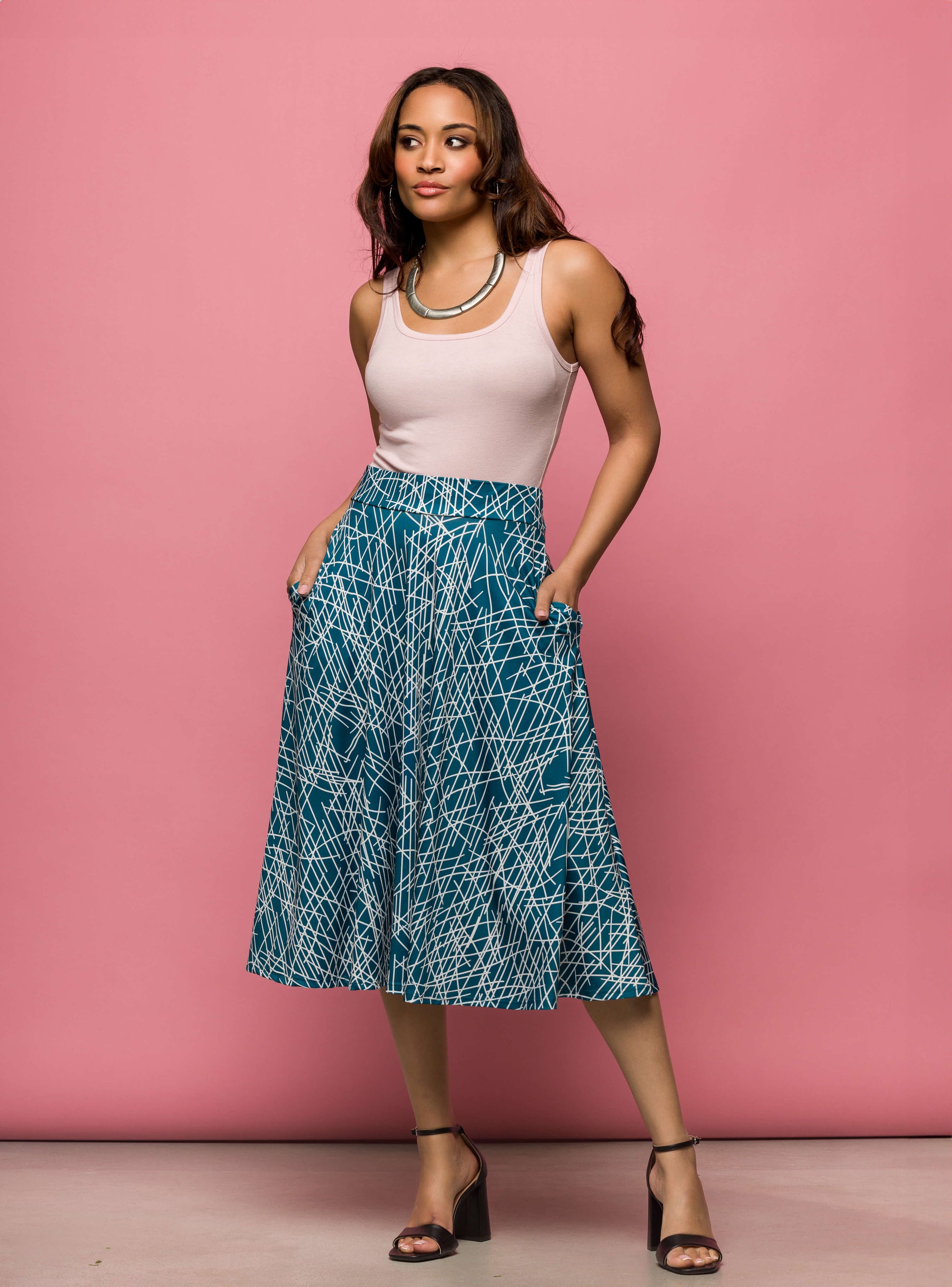 24seven Comfort Apparel Womens Teal Geometric Print Elastic Waist Pocket Midi Skirt