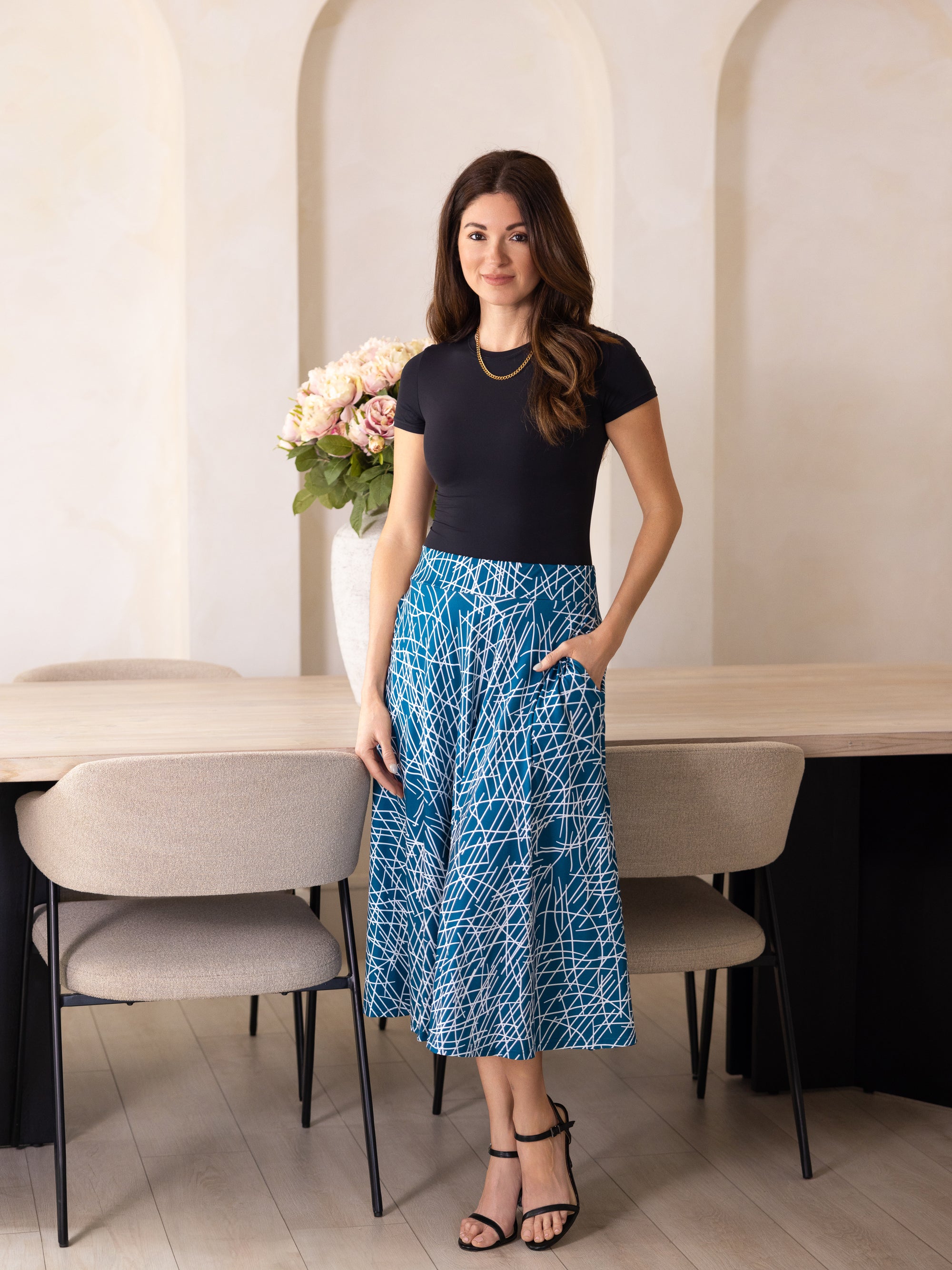 24seven Comfort Apparel Womens Teal Geometric Print Elastic Waist Pocket Midi Skirt