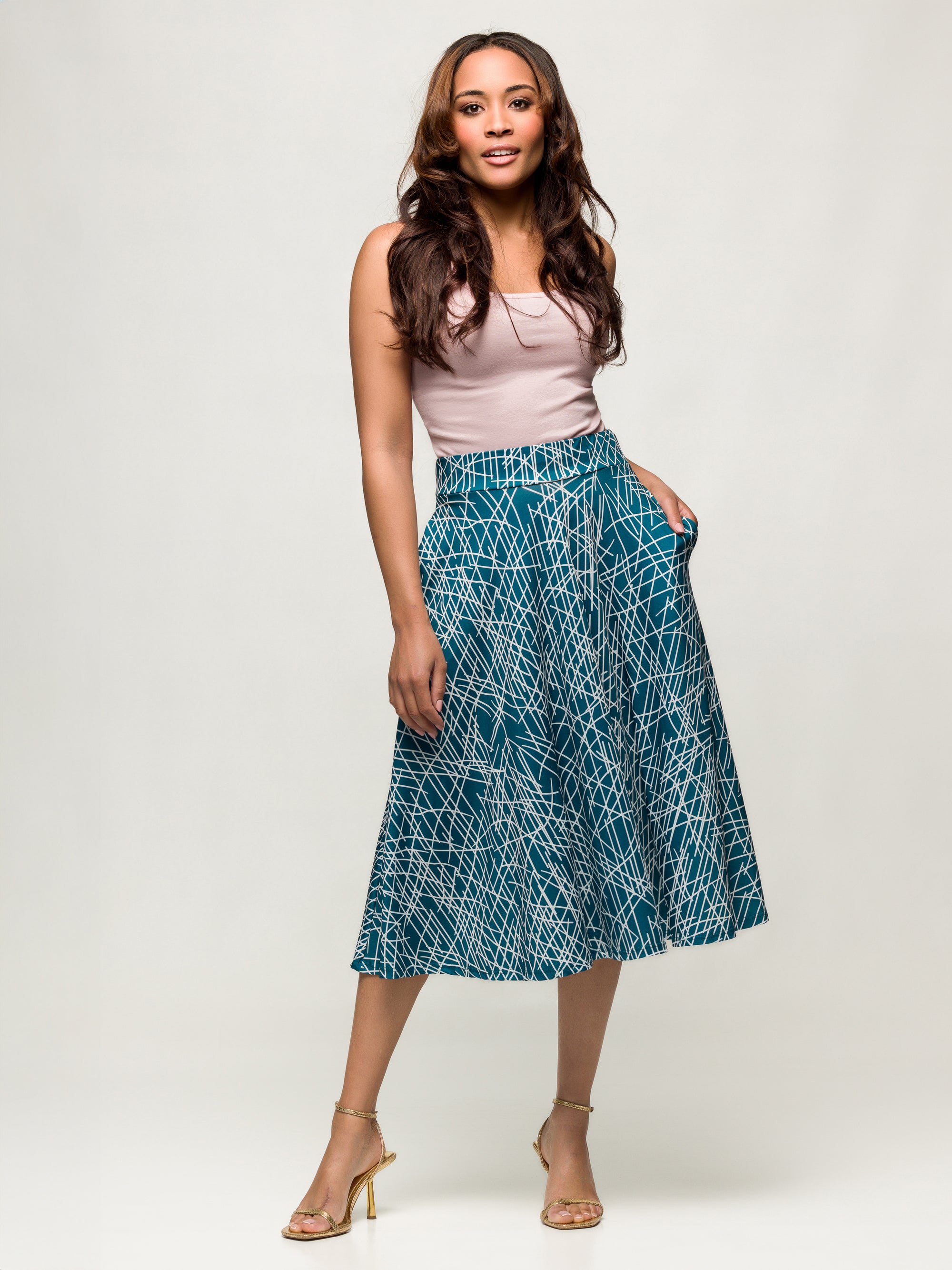 24seven Comfort Apparel Womens Teal Geometric Print Elastic Waist Pocket Midi Skirt