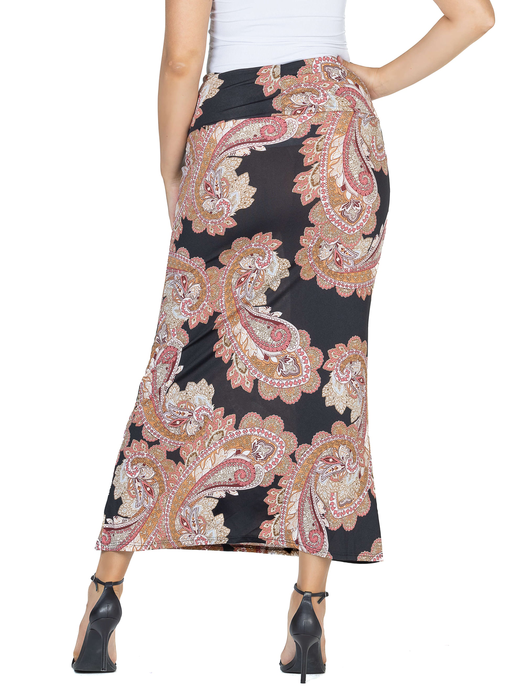 Womens Black Paisley Print Foldover Maxi Skirt