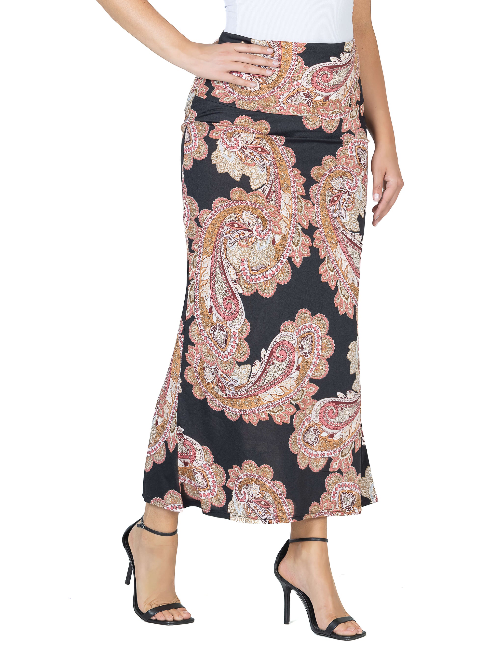 Womens Black Paisley Print Foldover Maxi Skirt