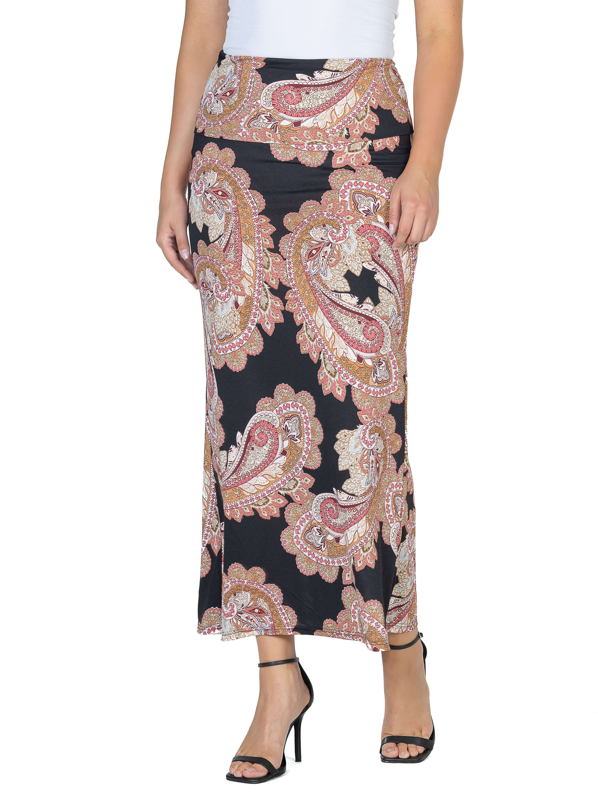 Womens Black Paisley Print Foldover Maxi Skirt