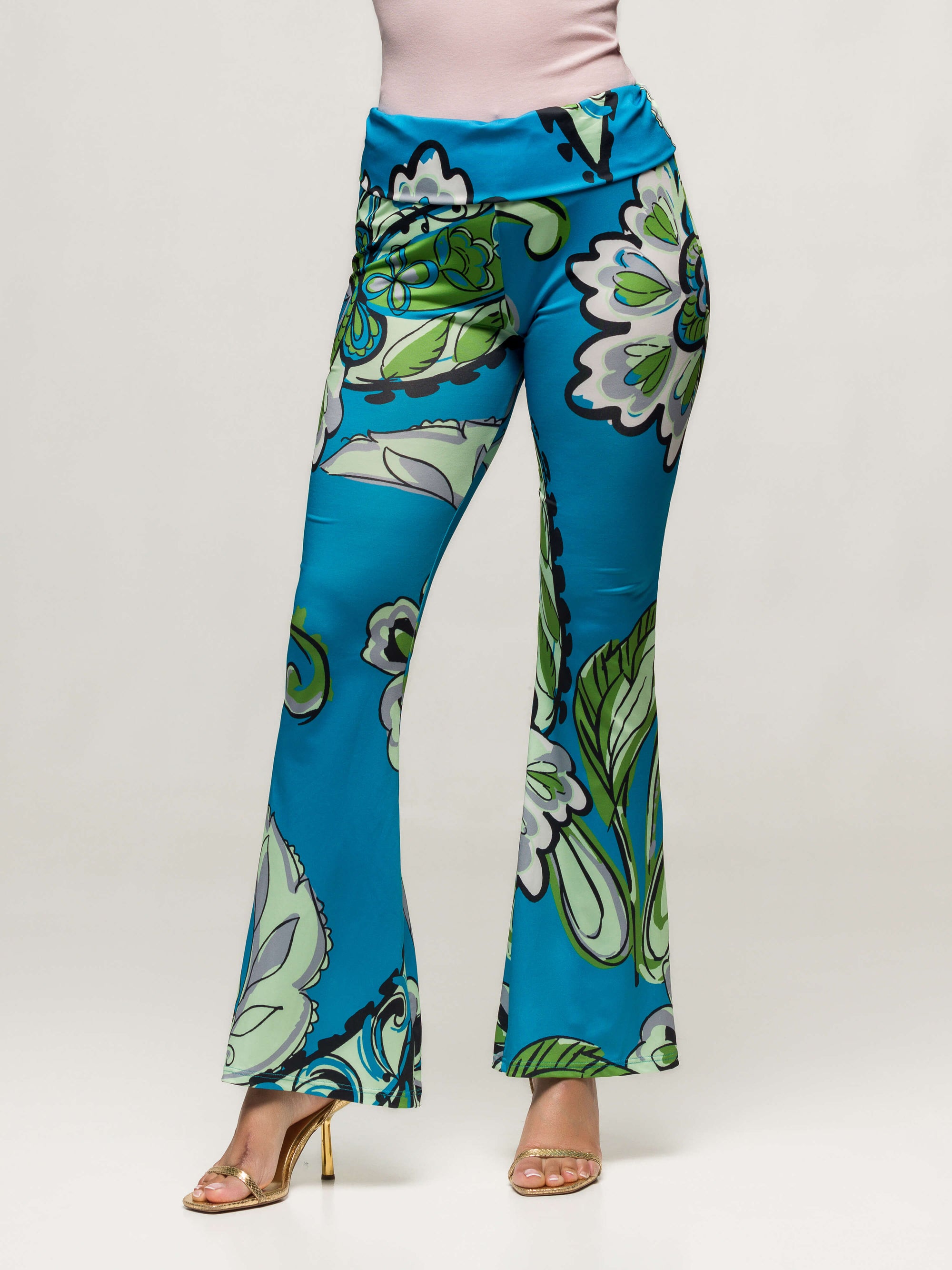 24seven Comfort Apparel Teal Paisley Print Bell Bottom Foldover Waist Pants
