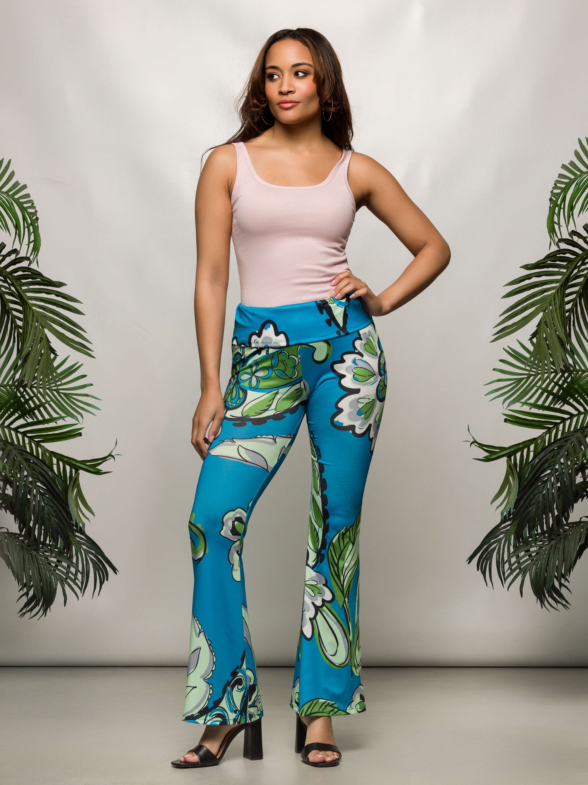 24seven Comfort Apparel Teal Paisley Print Bell Bottom Foldover Waist Pants