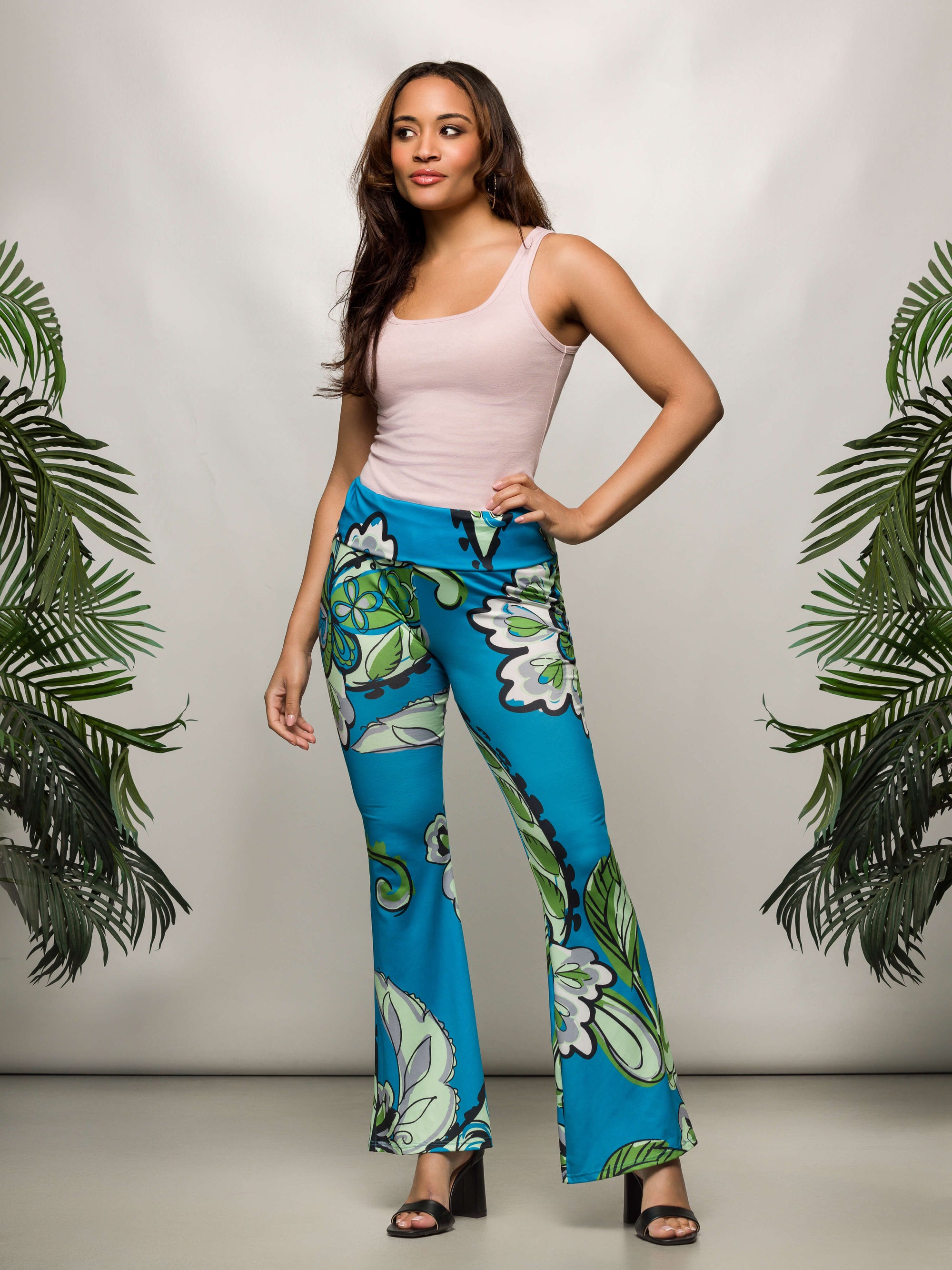 24seven Comfort Apparel Teal Paisley Print Bell Bottom Foldover Waist Pants