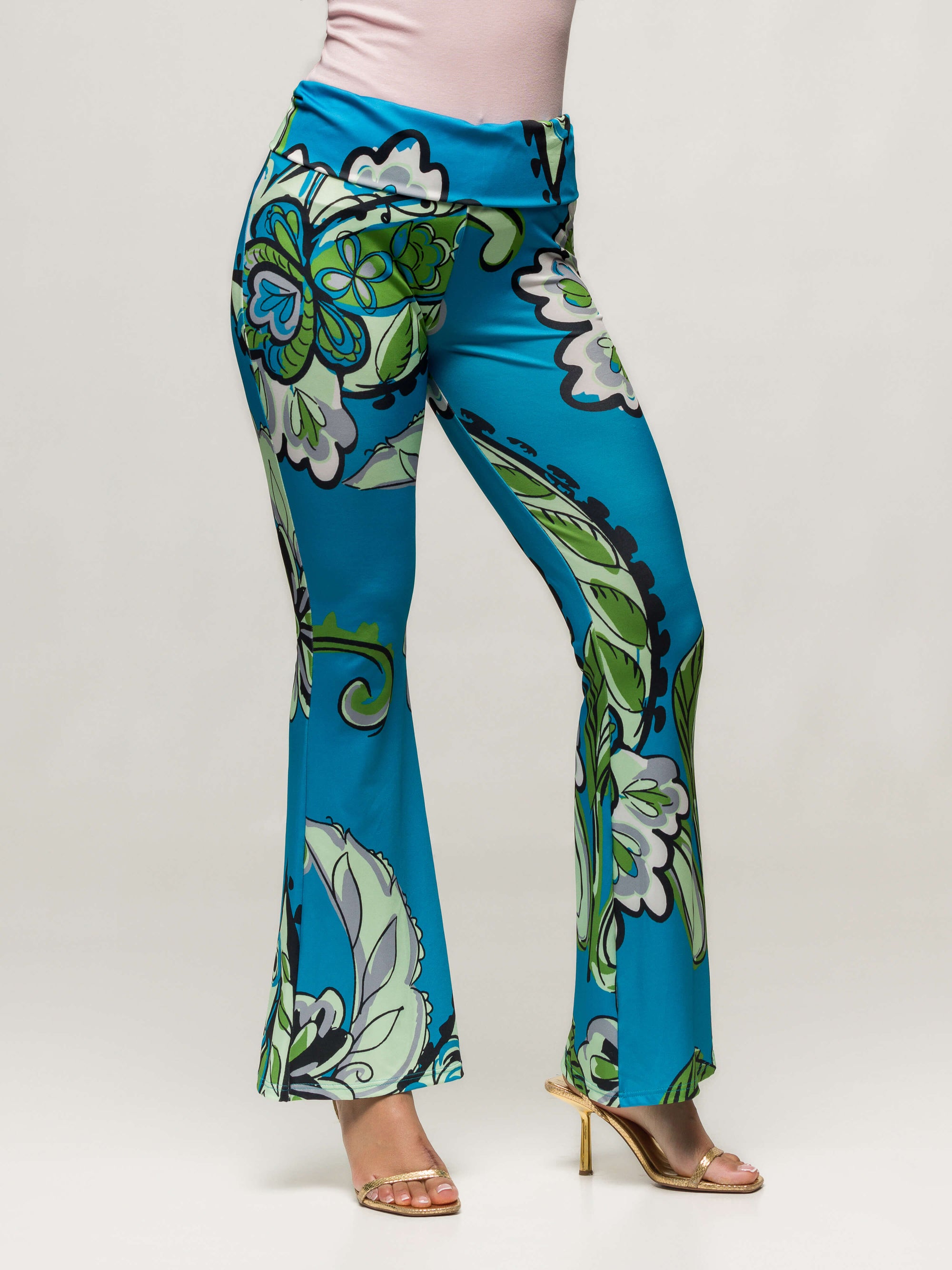 24seven Comfort Apparel Teal Paisley Print Bell Bottom Foldover Waist Pants