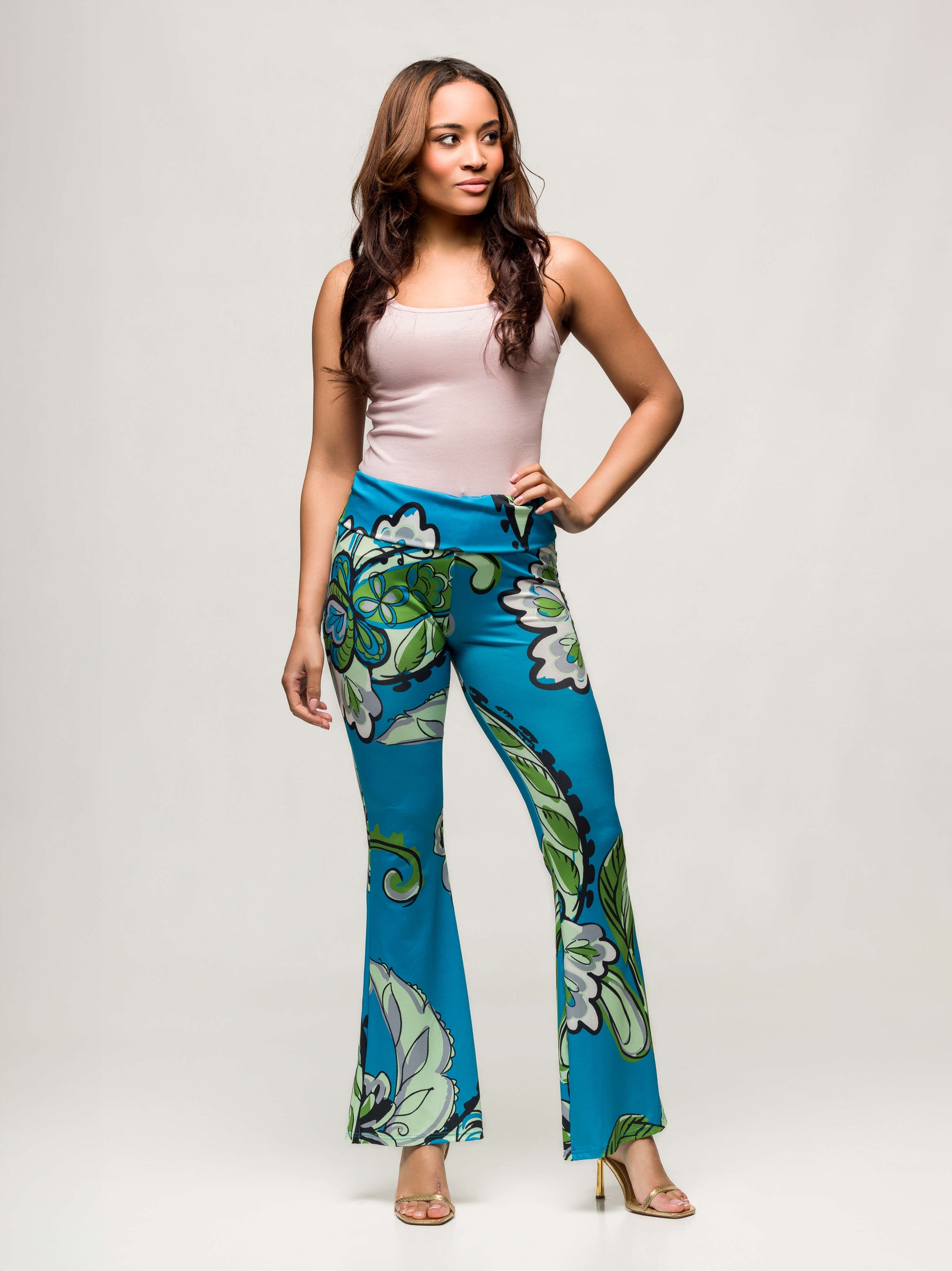 24seven Comfort Apparel Teal Paisley Print Bell Bottom Foldover Waist Pants
