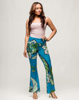 24seven Comfort Apparel Teal Paisley Print Bell Bottom Foldover Waist Pants
