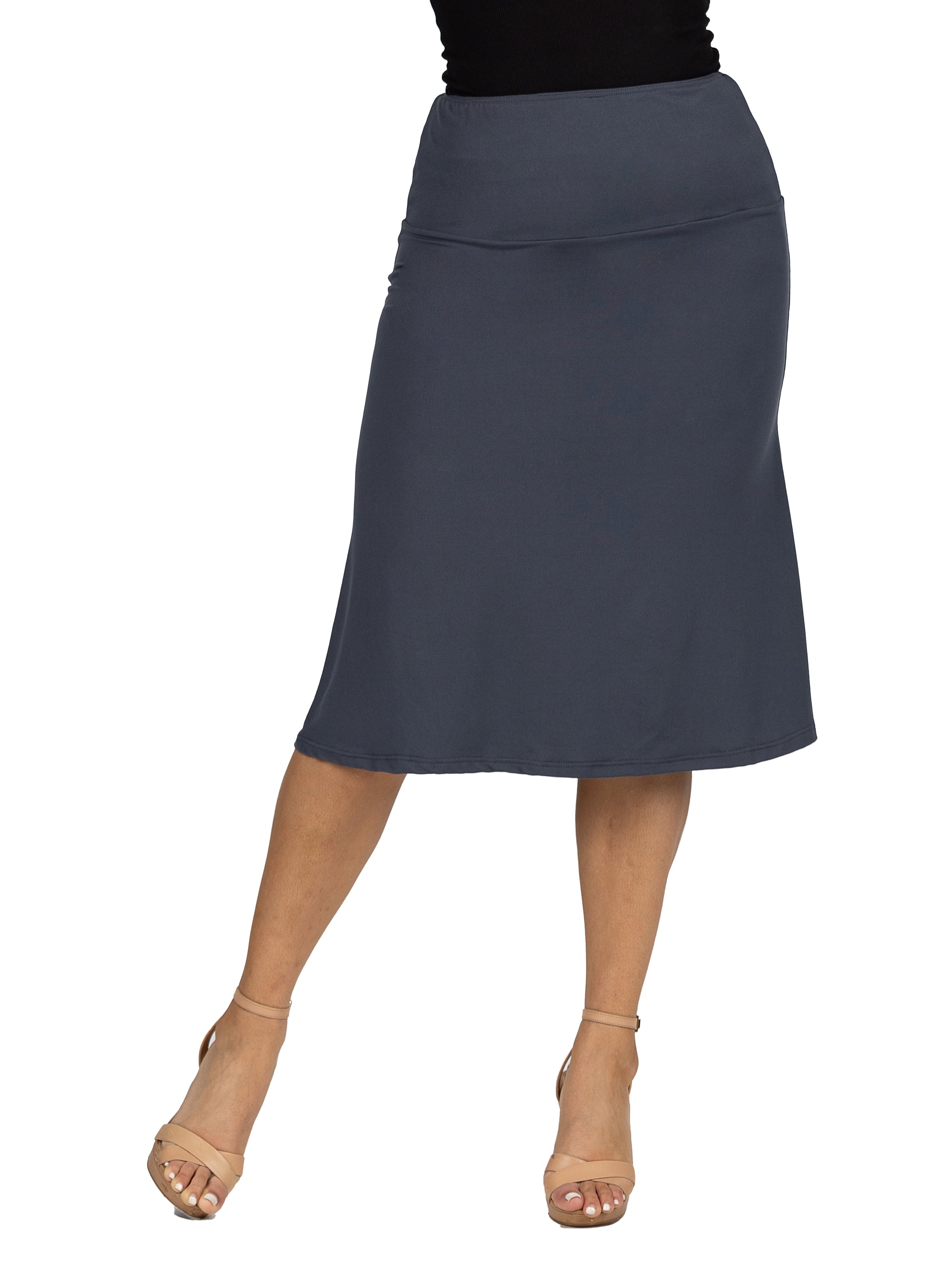 A Line Elastic Waist Knee Length Skirt