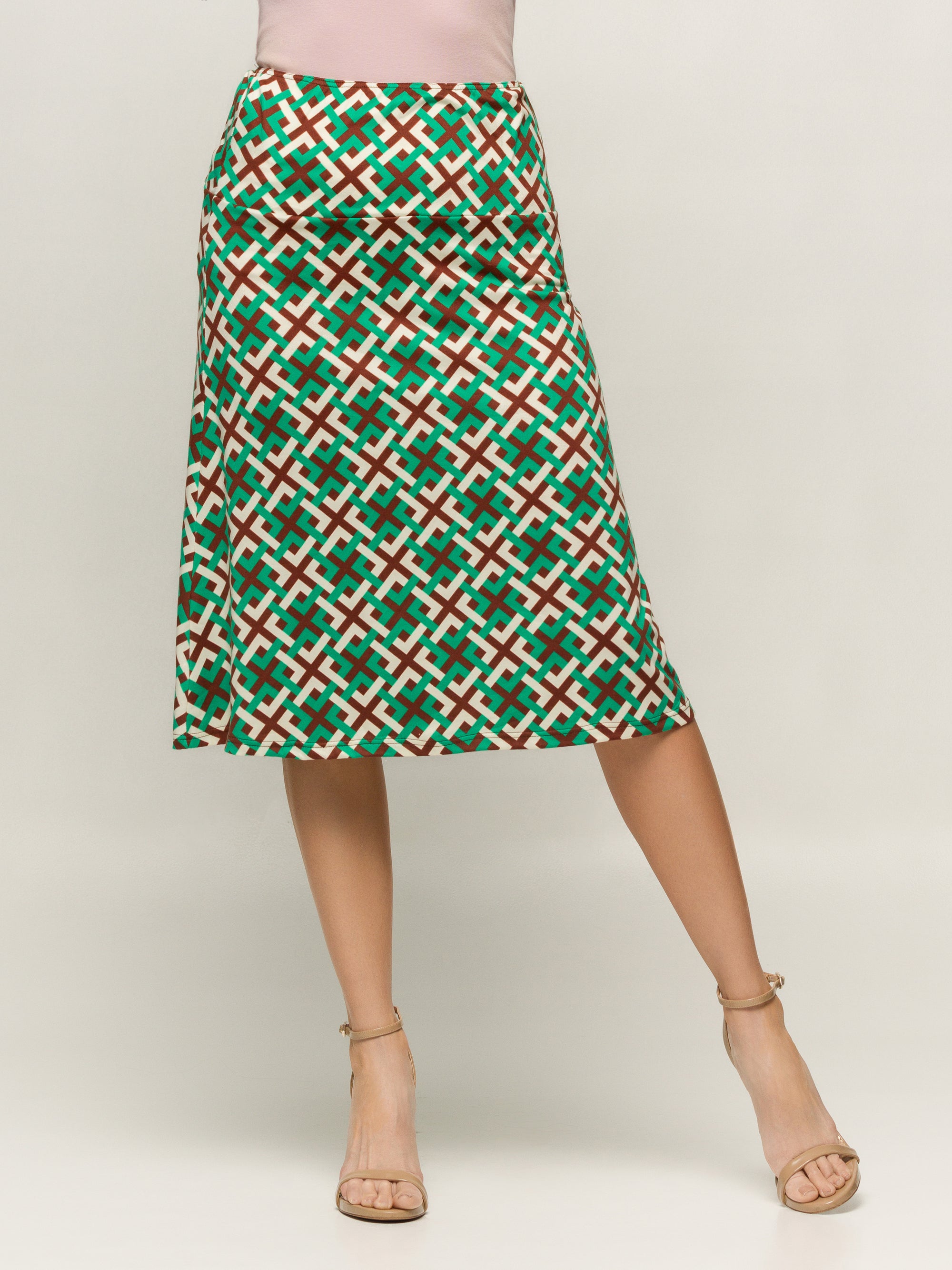 24seven Comfort Apparel Green Geometric Print Comfortable Elastic Waist Knee Length Skirt