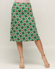 24seven Comfort Apparel Green Geometric Print Comfortable Elastic Waist Knee Length Skirt