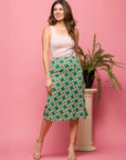 24seven Comfort Apparel Green Geometric Print Comfortable Elastic Waist Knee Length Skirt