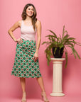 24seven Comfort Apparel Green Geometric Print Comfortable Elastic Waist Knee Length Skirt