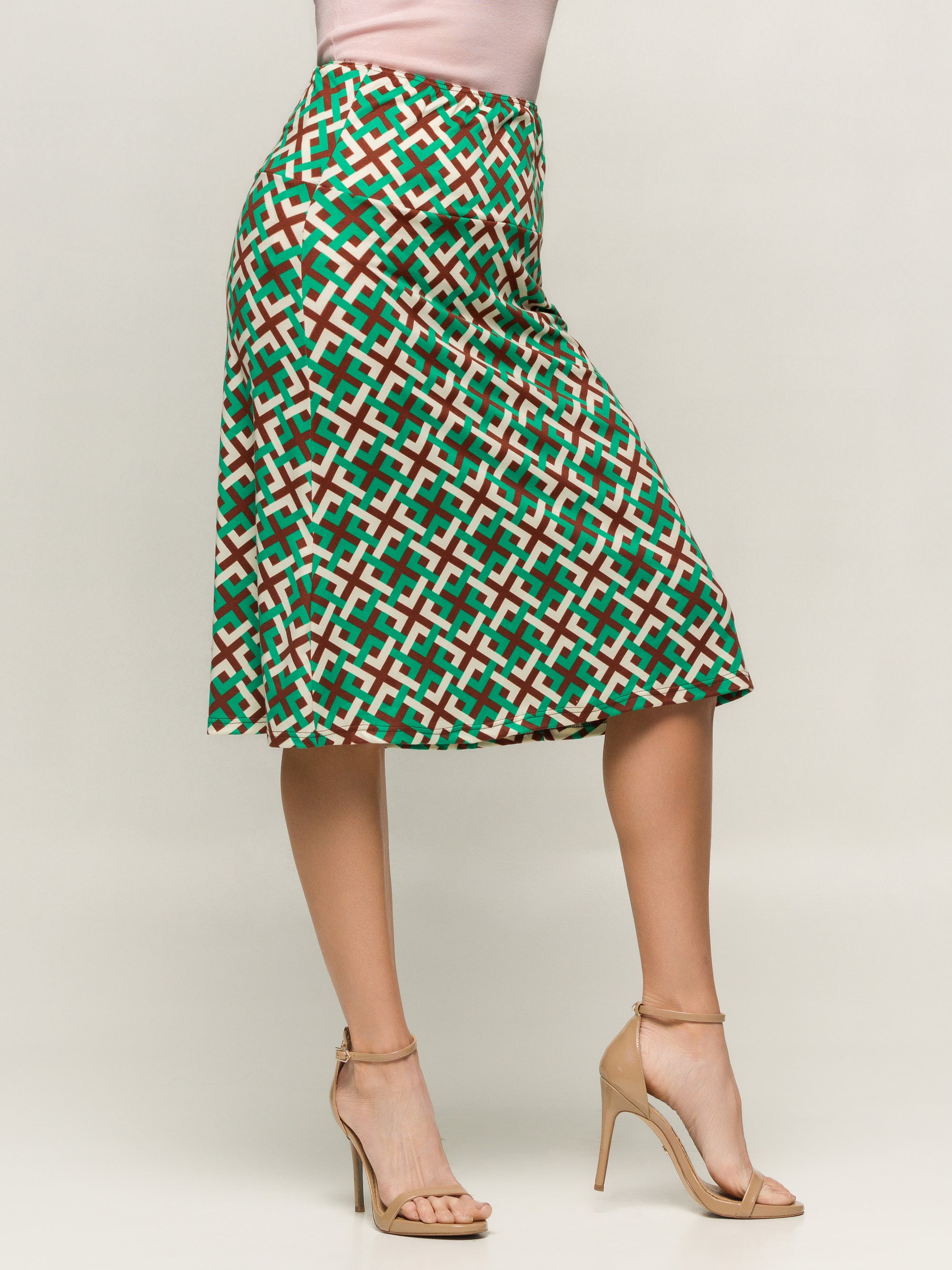 24seven Comfort Apparel Green Geometric Print Comfortable Elastic Waist Knee Length Skirt
