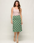 24seven Comfort Apparel Green Geometric Print Comfortable Elastic Waist Knee Length Skirt
