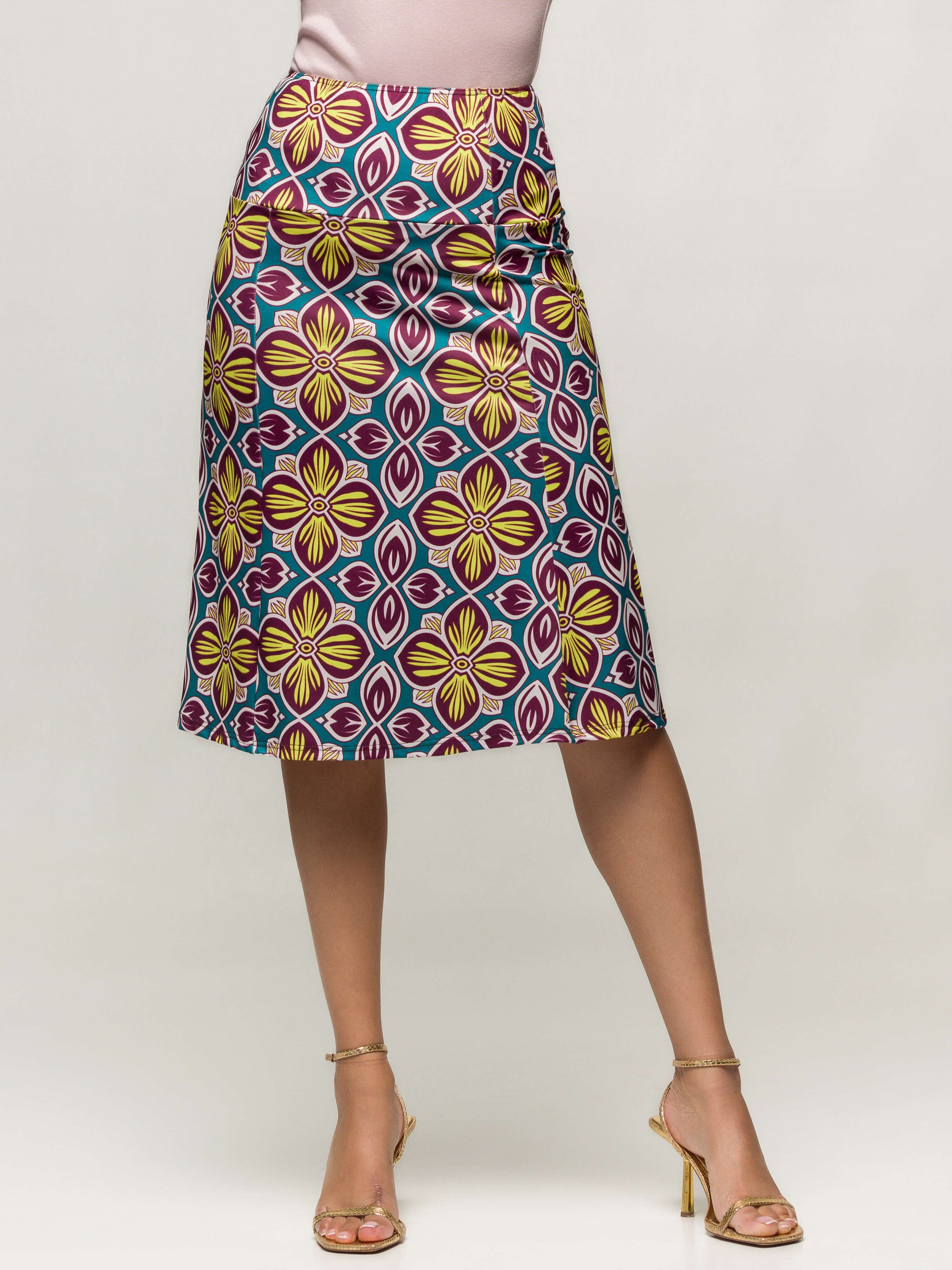 24seven Comfort Apparel Bright Floral Print Comfortable Elastic Waist Knee Length Skirt