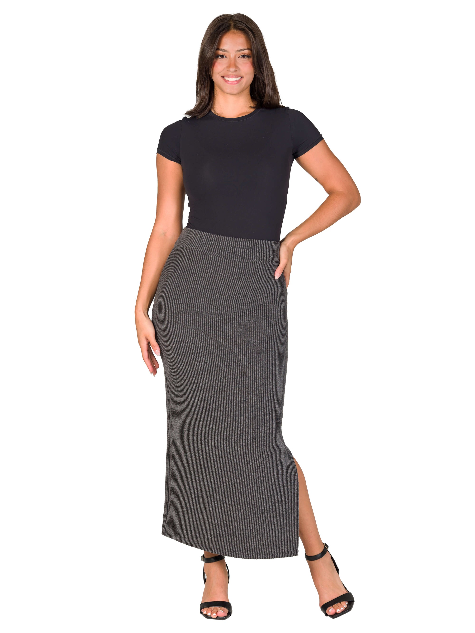 Ribbed Knit Side Slit Elastic Waist Maxi Skirt