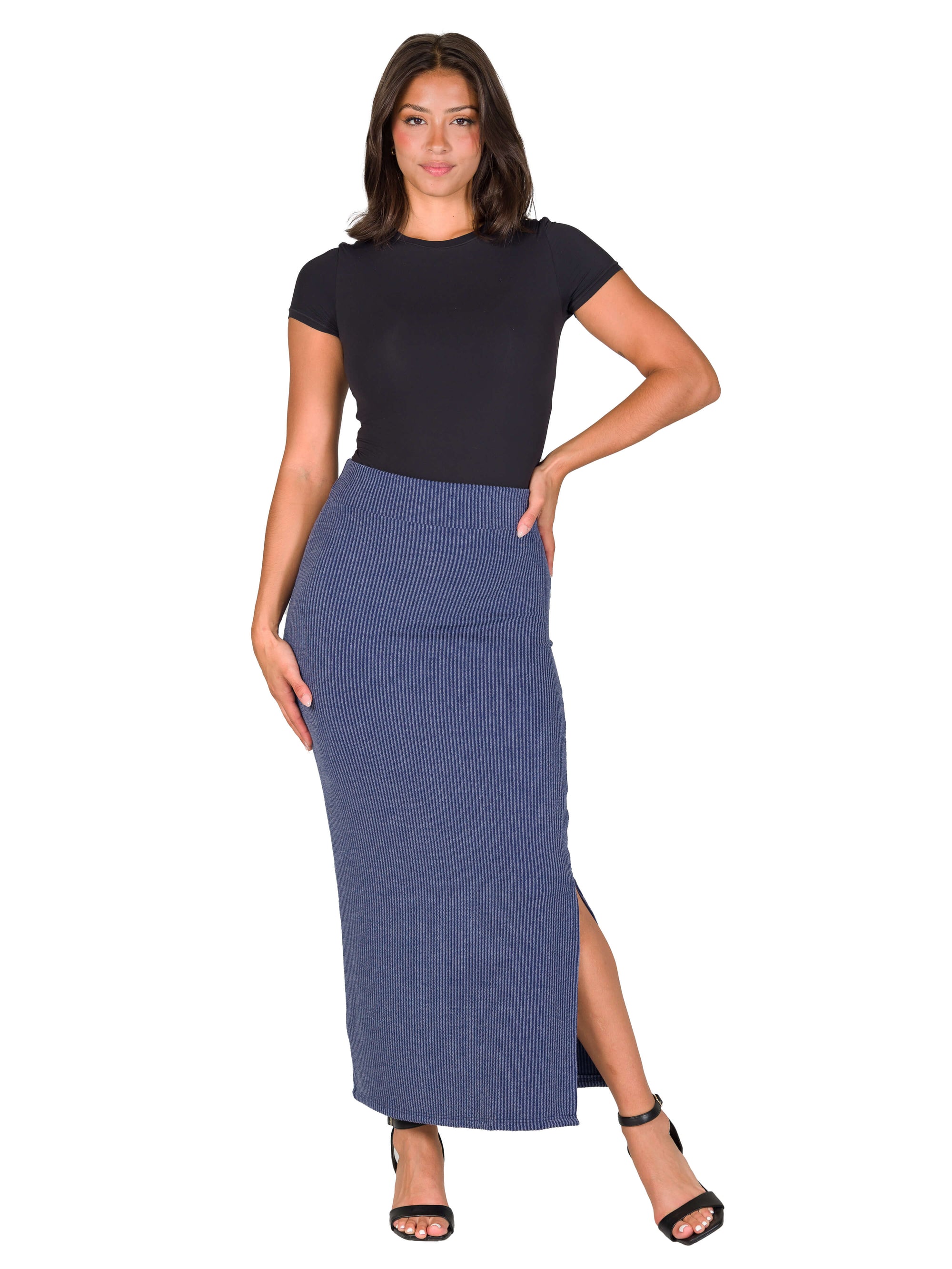 Ribbed Knit Side Slit Elastic Waist Maxi Skirt