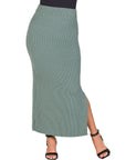 Ribbed Knit Side Slit Elastic Waist Maxi Skirt