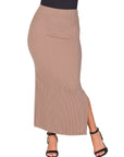 Ribbed Knit Side Slit Elastic Waist Maxi Skirt
