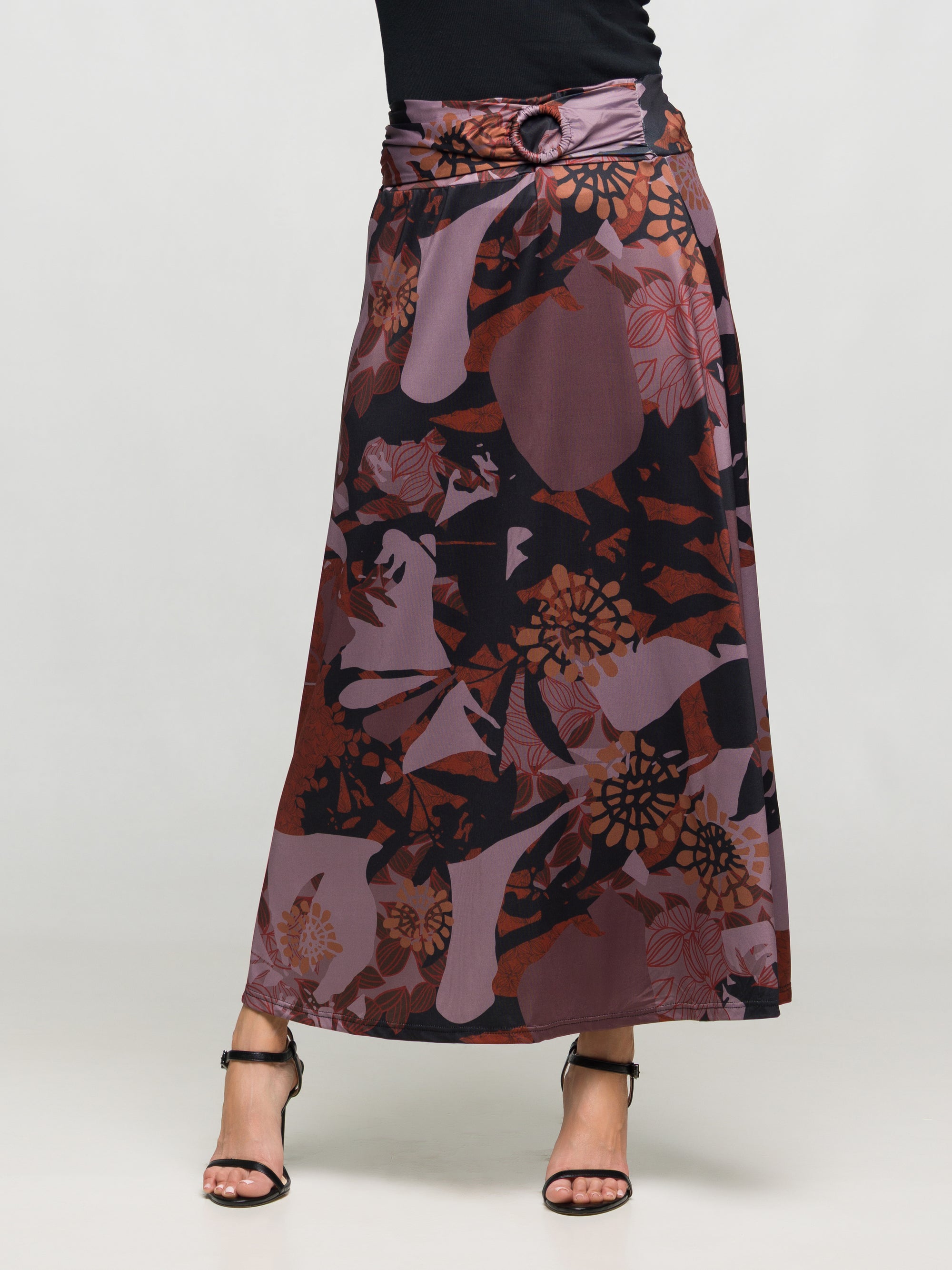 24seven Comfort Apparel Fall Floral Print Maxi Skirt with Buckle Waist