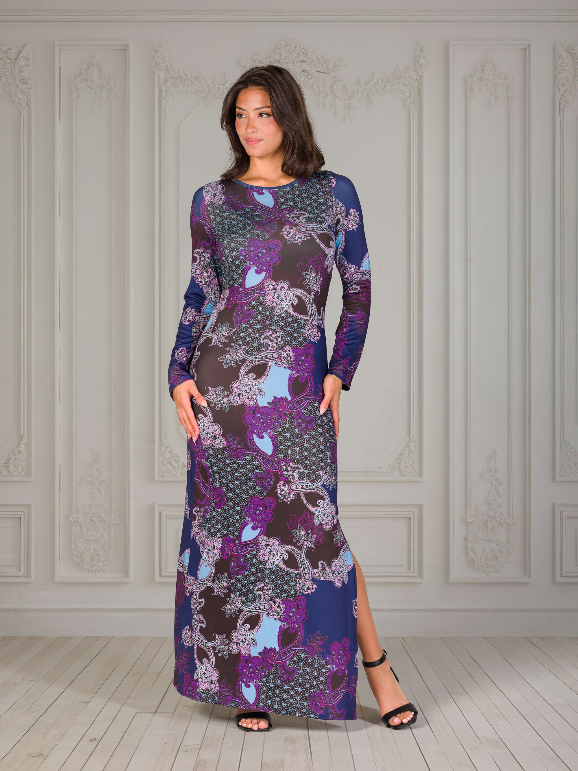Purple Paisley Long Sleeve Side Slit Fitted Maxi Dress