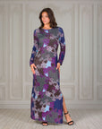 Purple Paisley Long Sleeve Side Slit Fitted Maxi Dress