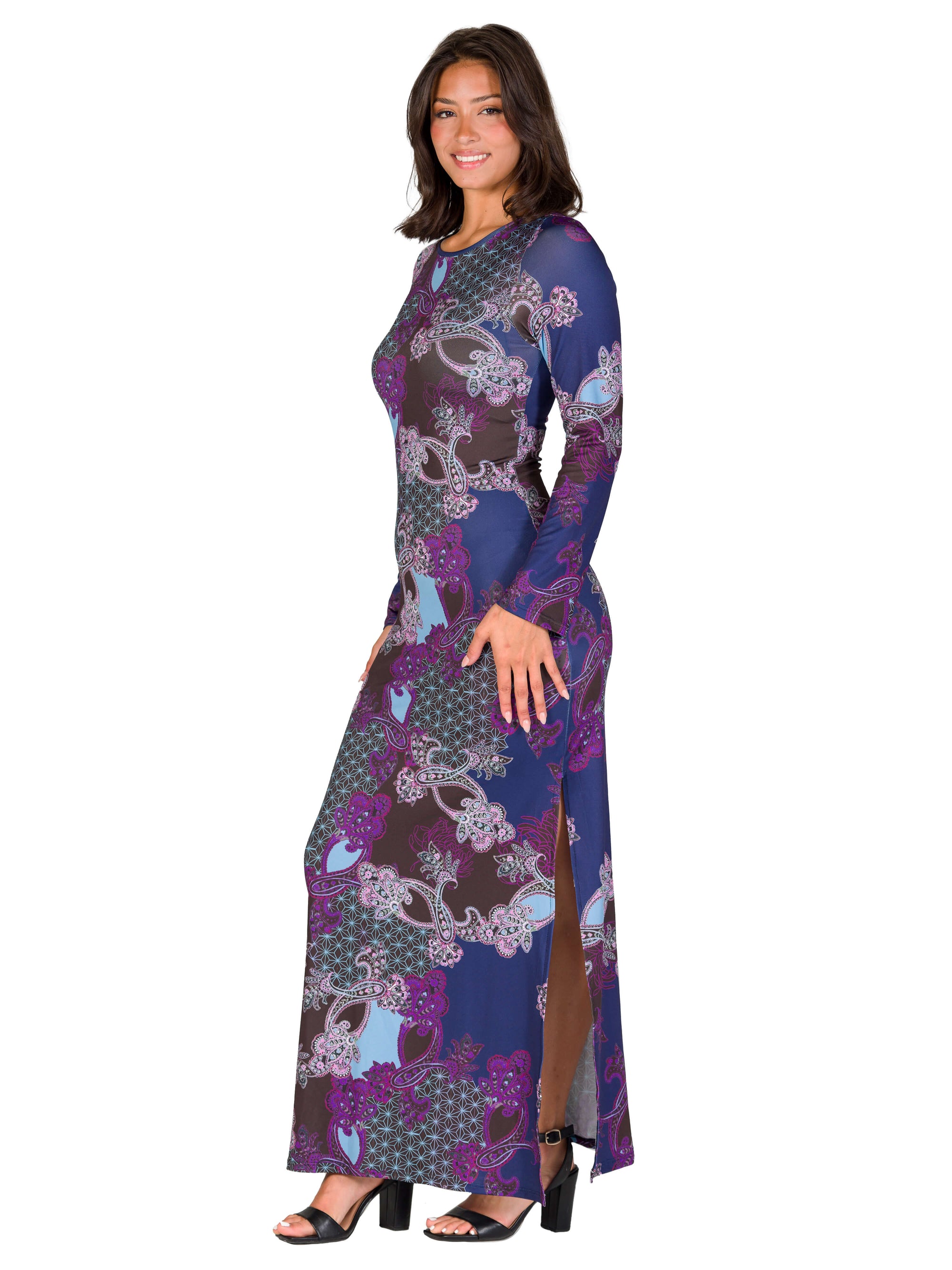 Purple Paisley Long Sleeve Side Slit Fitted Maxi Dress