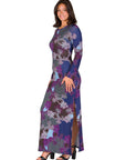 Purple Paisley Long Sleeve Side Slit Fitted Maxi Dress