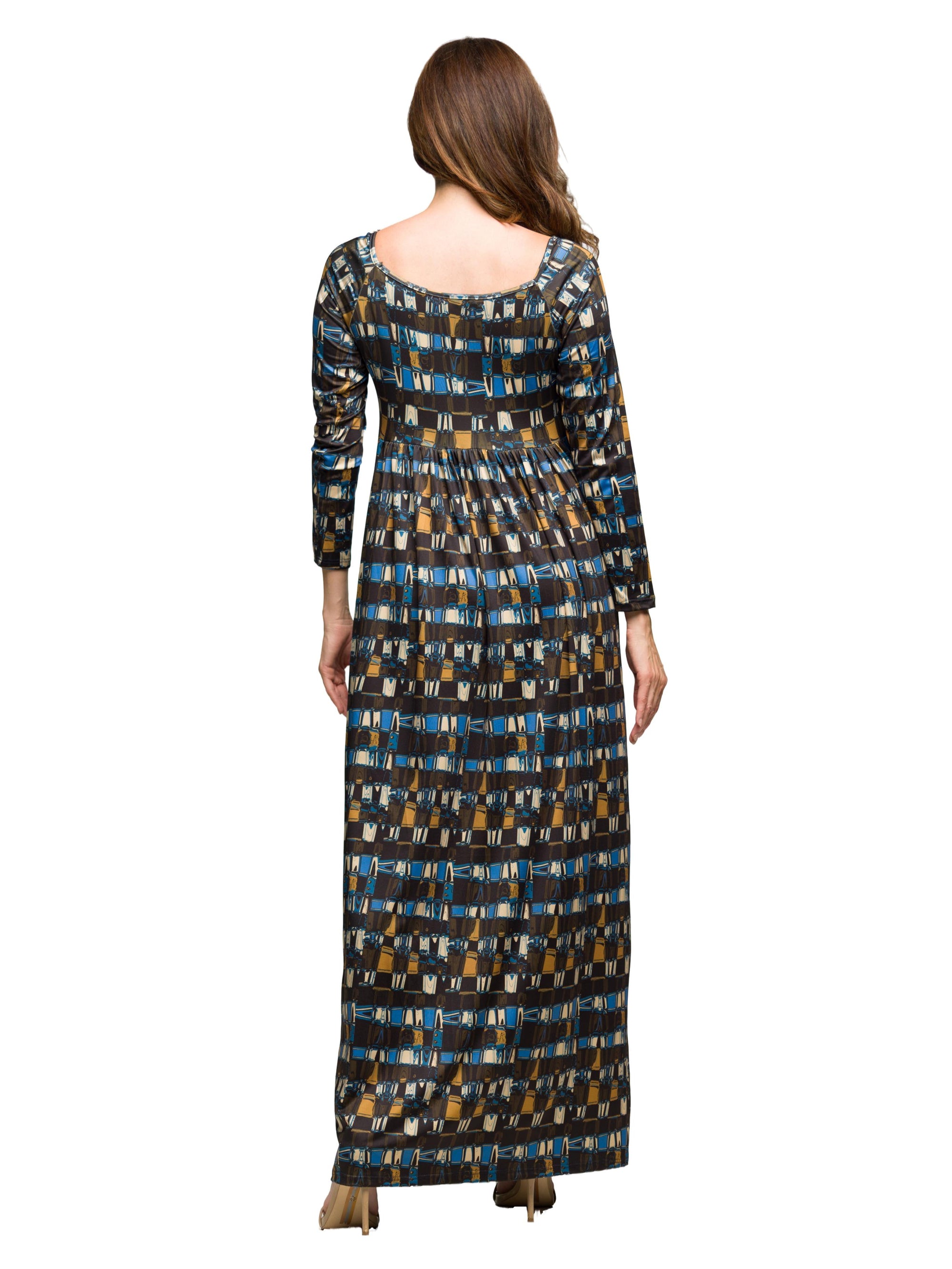 24seven Comfort Apparel Brown Geometric Print Long Sleeve Empire Waist Maxi Dress