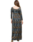 24seven Comfort Apparel Brown Geometric Print Long Sleeve Empire Waist Maxi Dress