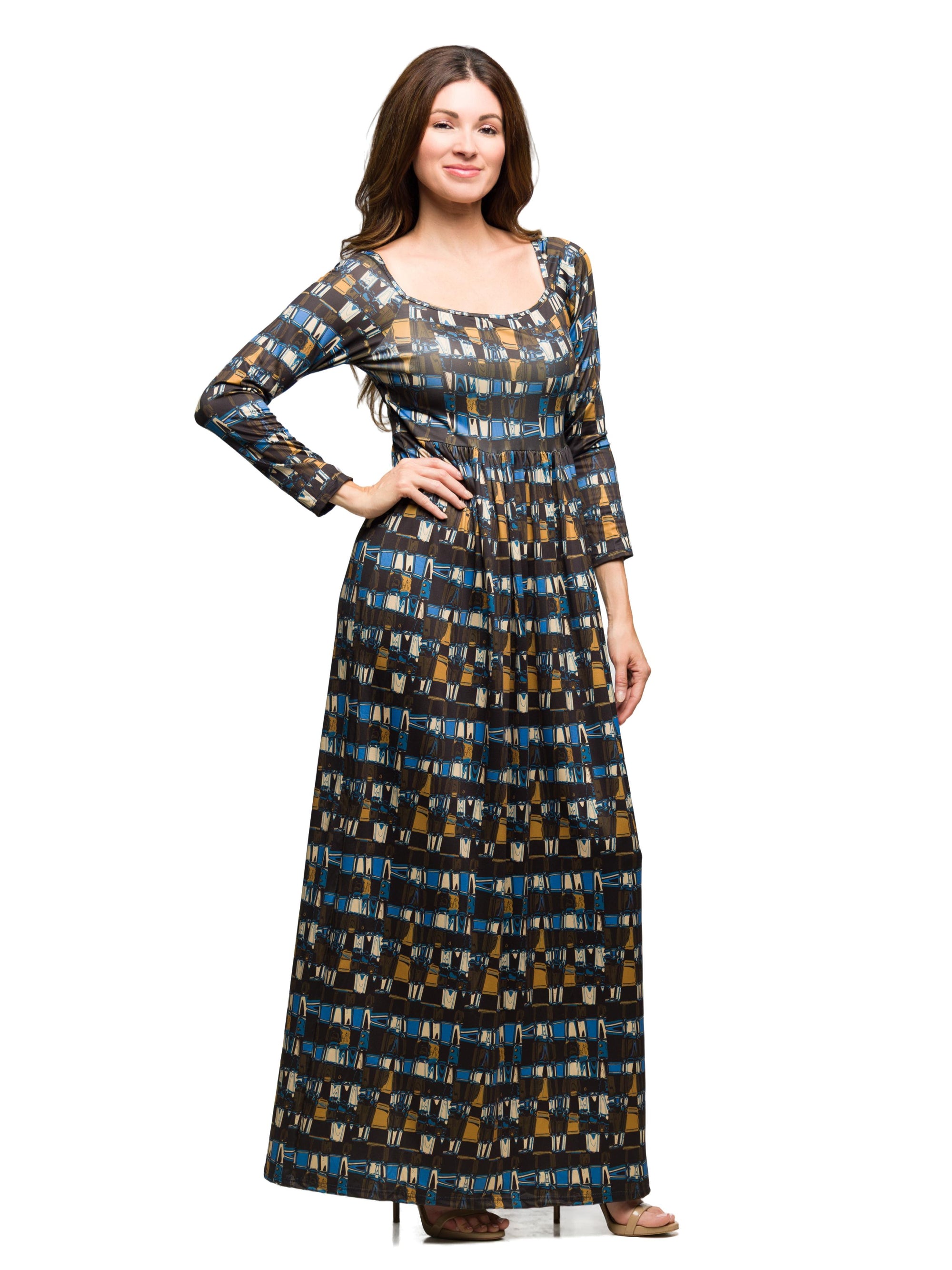 24seven Comfort Apparel Brown Geometric Print Long Sleeve Empire Waist Maxi Dress