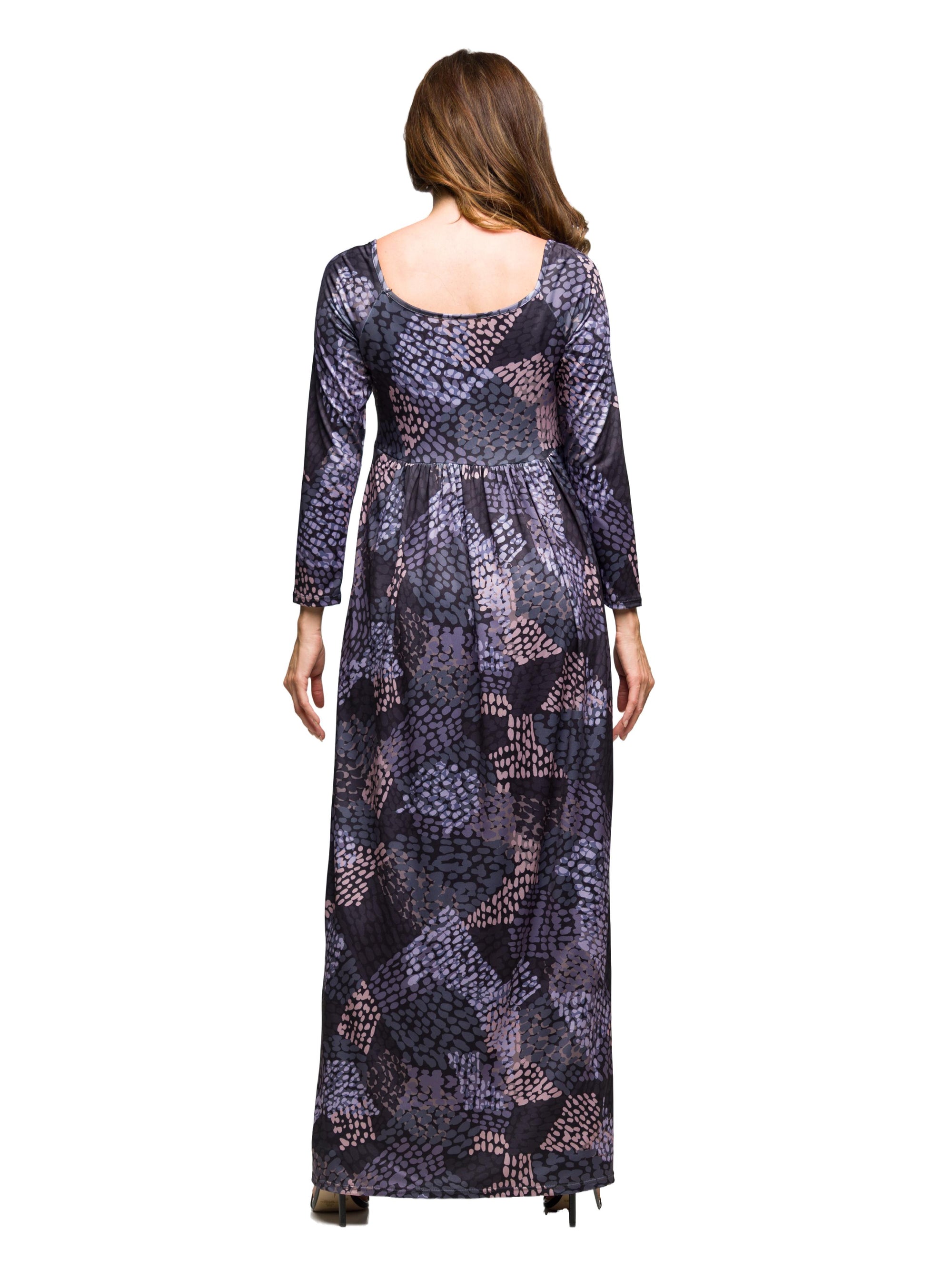 24seven Comfort Apparel Long Sleeve Empire Waist Maxi Dress in Grey Print