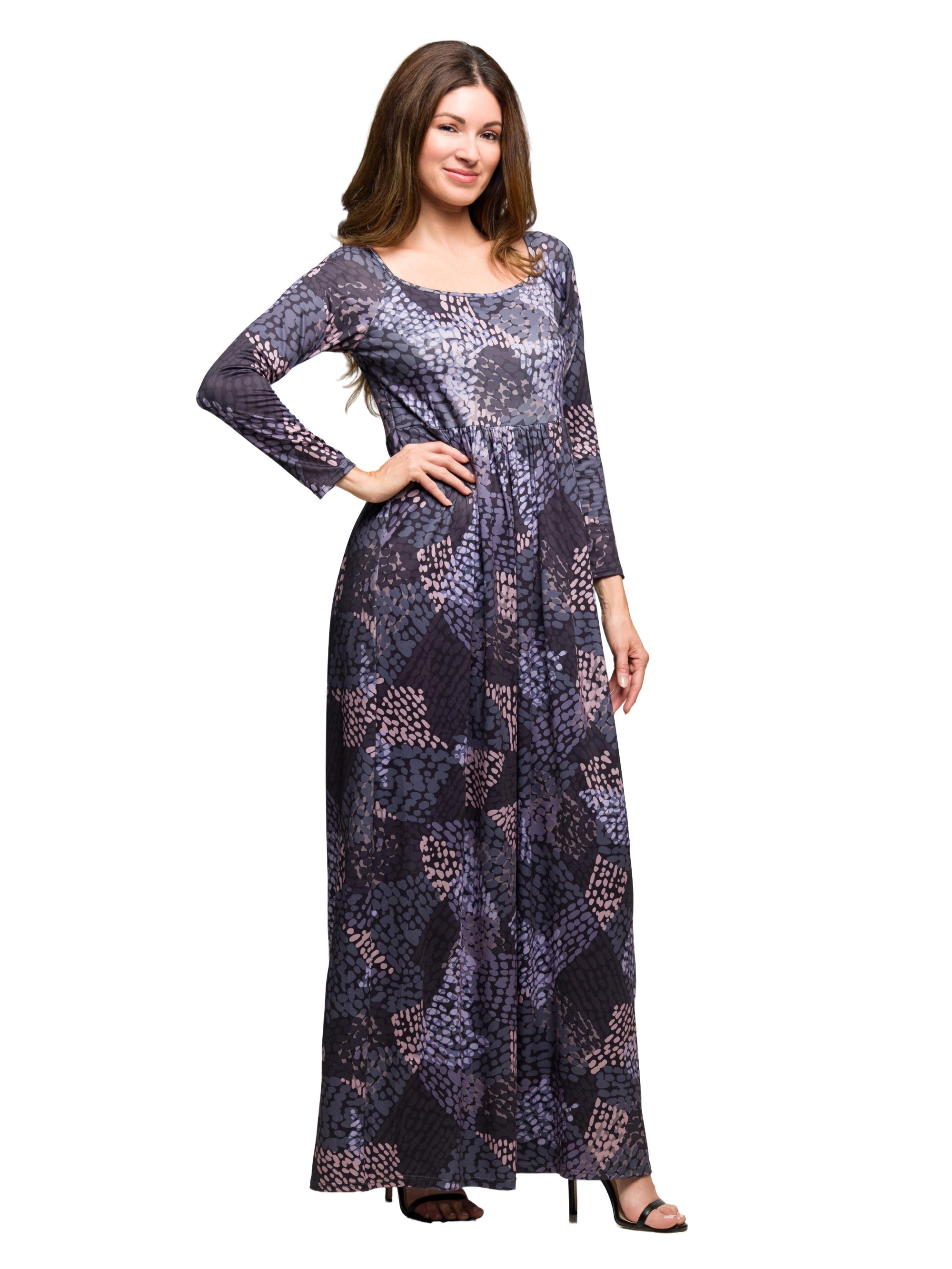 24seven Comfort Apparel Long Sleeve Empire Waist Maxi Dress in Grey Print