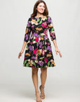24seven Comfort Apparel Black Multicolor Floral Fit and Flare Pocket Knee Length Dress