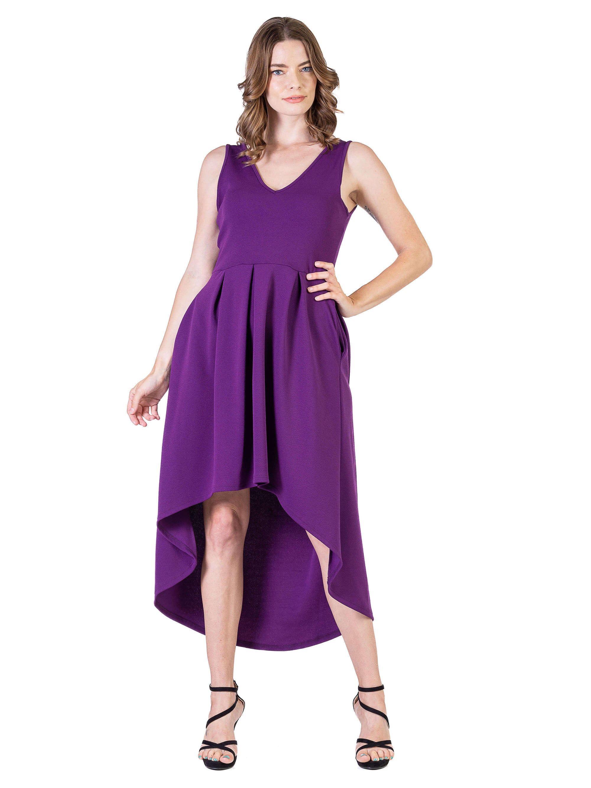 Womens Sleeveless Fit N Flare High Low Dress