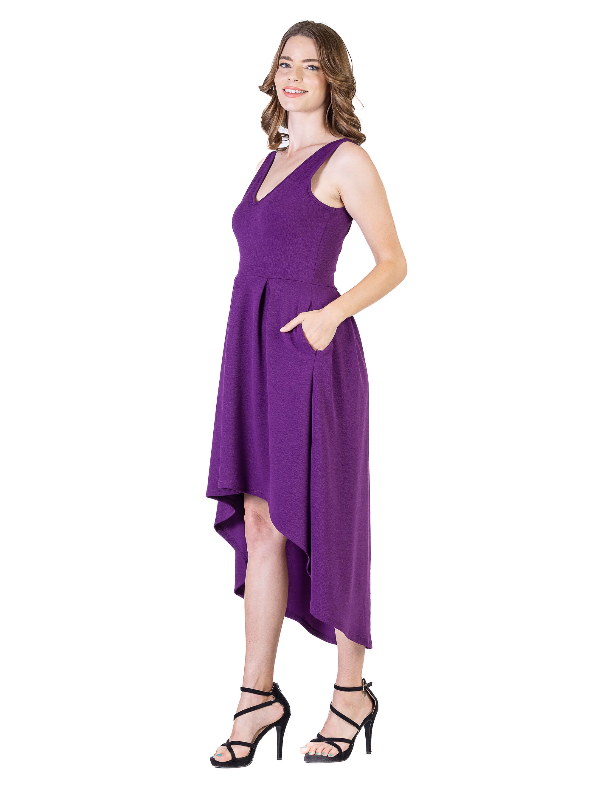 Womens Sleeveless Fit N Flare High Low Dress