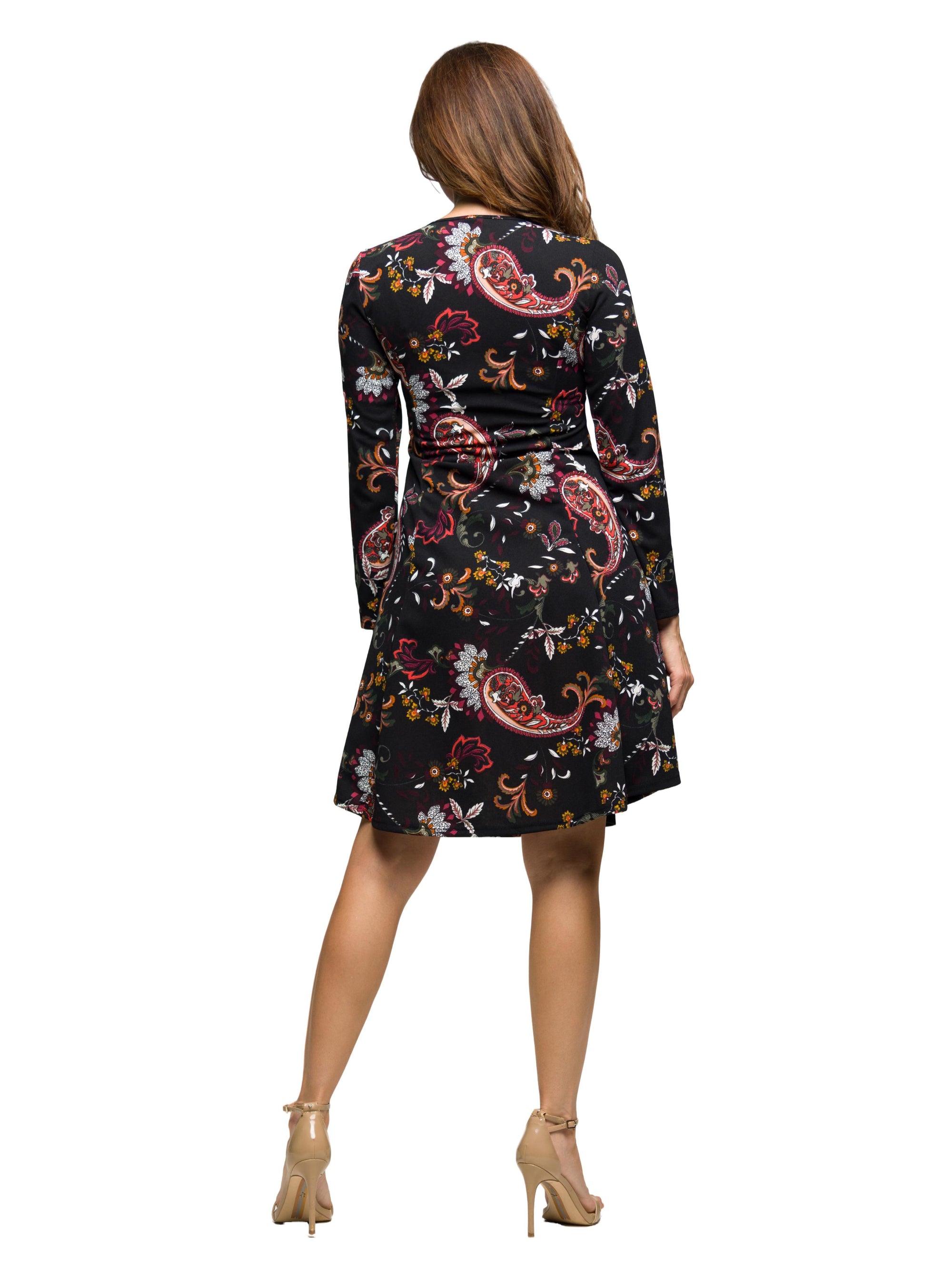 24seven Comfort Apparel Black Paisley Print Long Sleeve Fit and Flare Dress