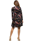 24seven Comfort Apparel Black Paisley Print Long Sleeve Fit and Flare Dress