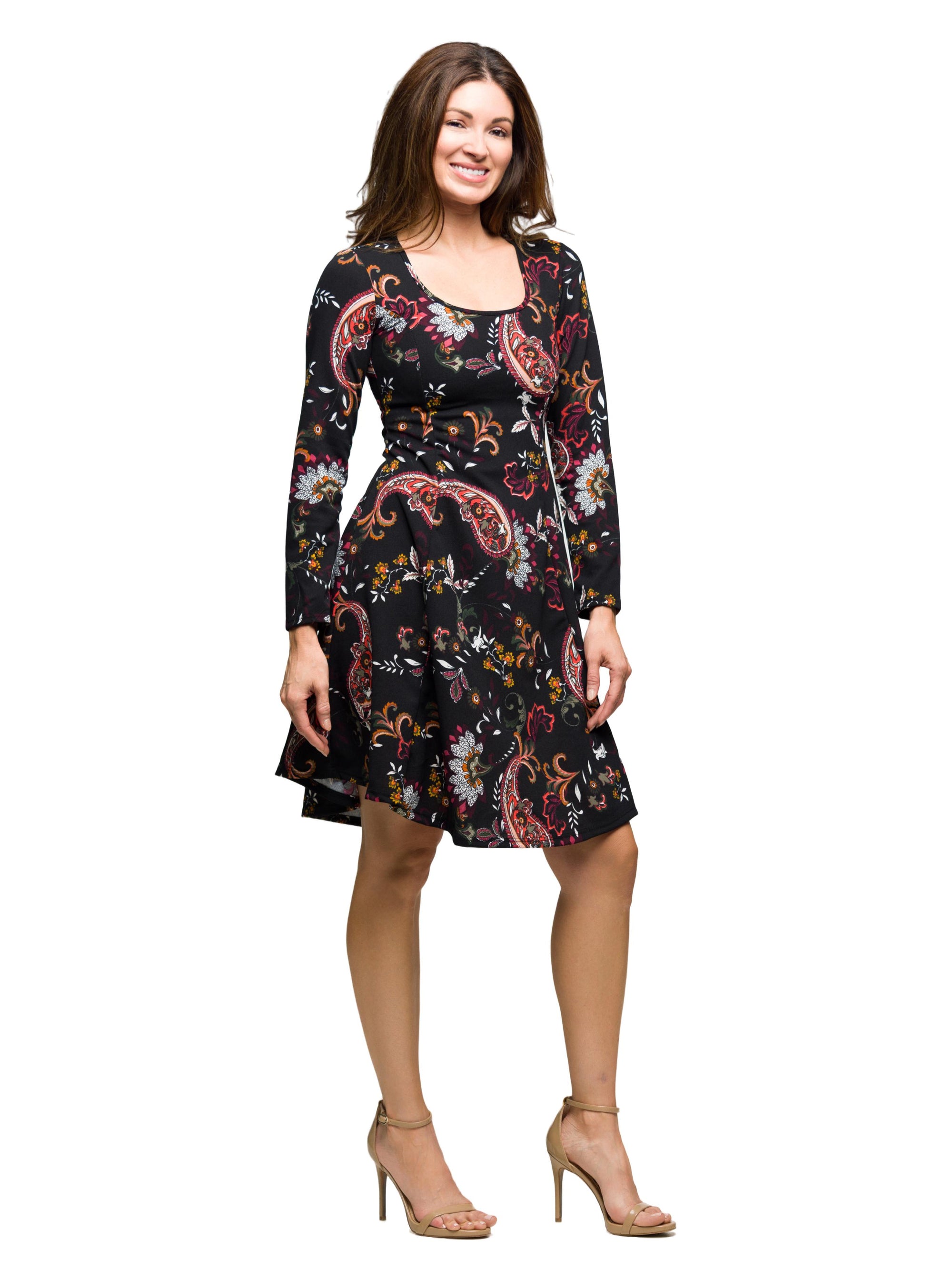 24seven Comfort Apparel Black Paisley Print Long Sleeve Fit and Flare Dress