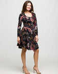 24seven Comfort Apparel Black Paisley Print Long Sleeve Fit and Flare Dress